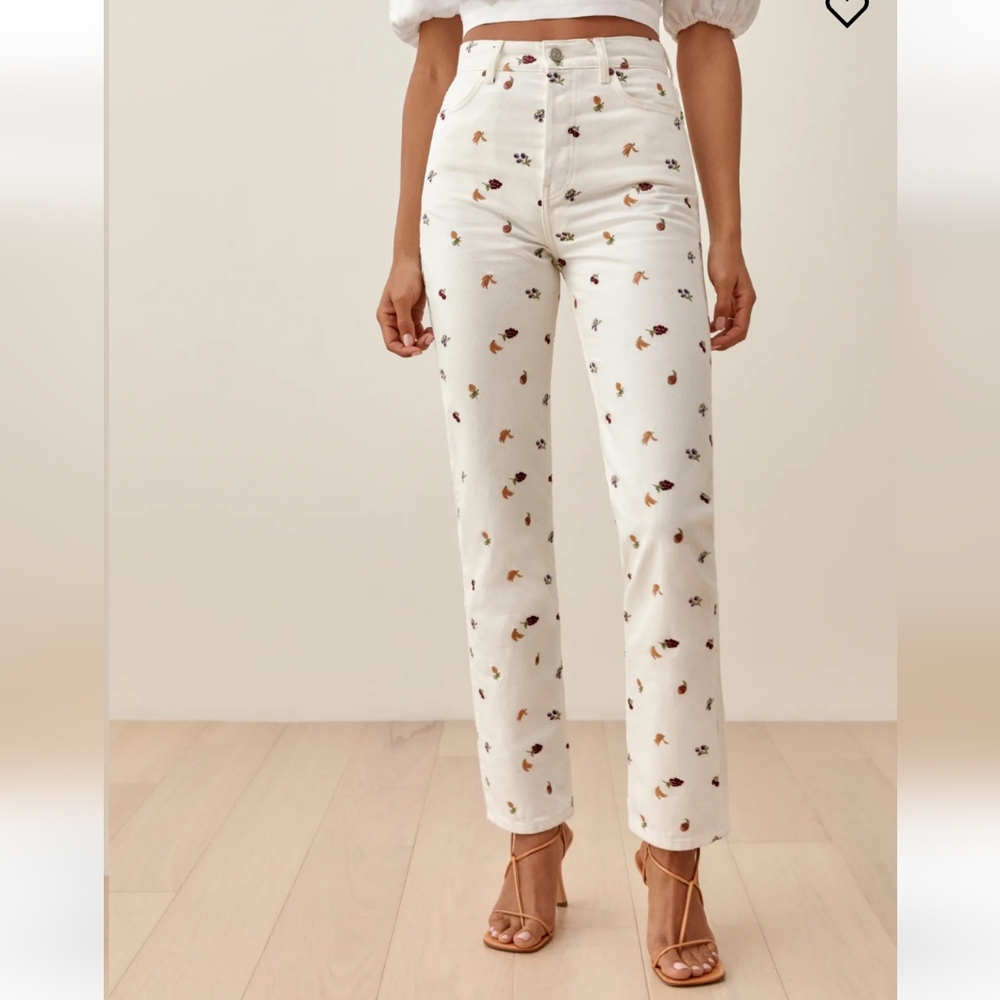 NWOT Reformation Cynthia Fruitloops Embroidered High Rise Straight Jeans